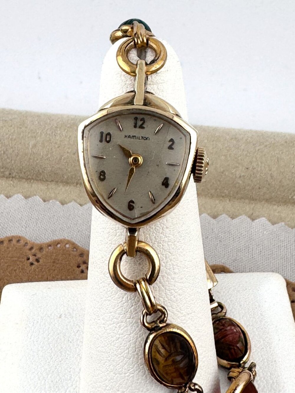 Vintage 1950s Hamilton Watch 10K GF with Carved Gem Scarabs Triangular Dial